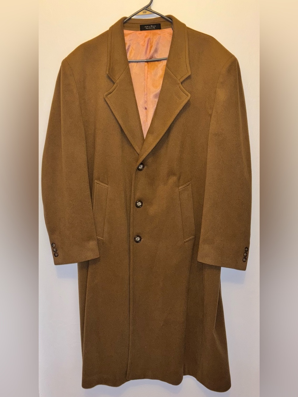 Andrew Fezza Mens Cashmere Wool Blend Camel Overcoat Long Trench Topcoat 44S